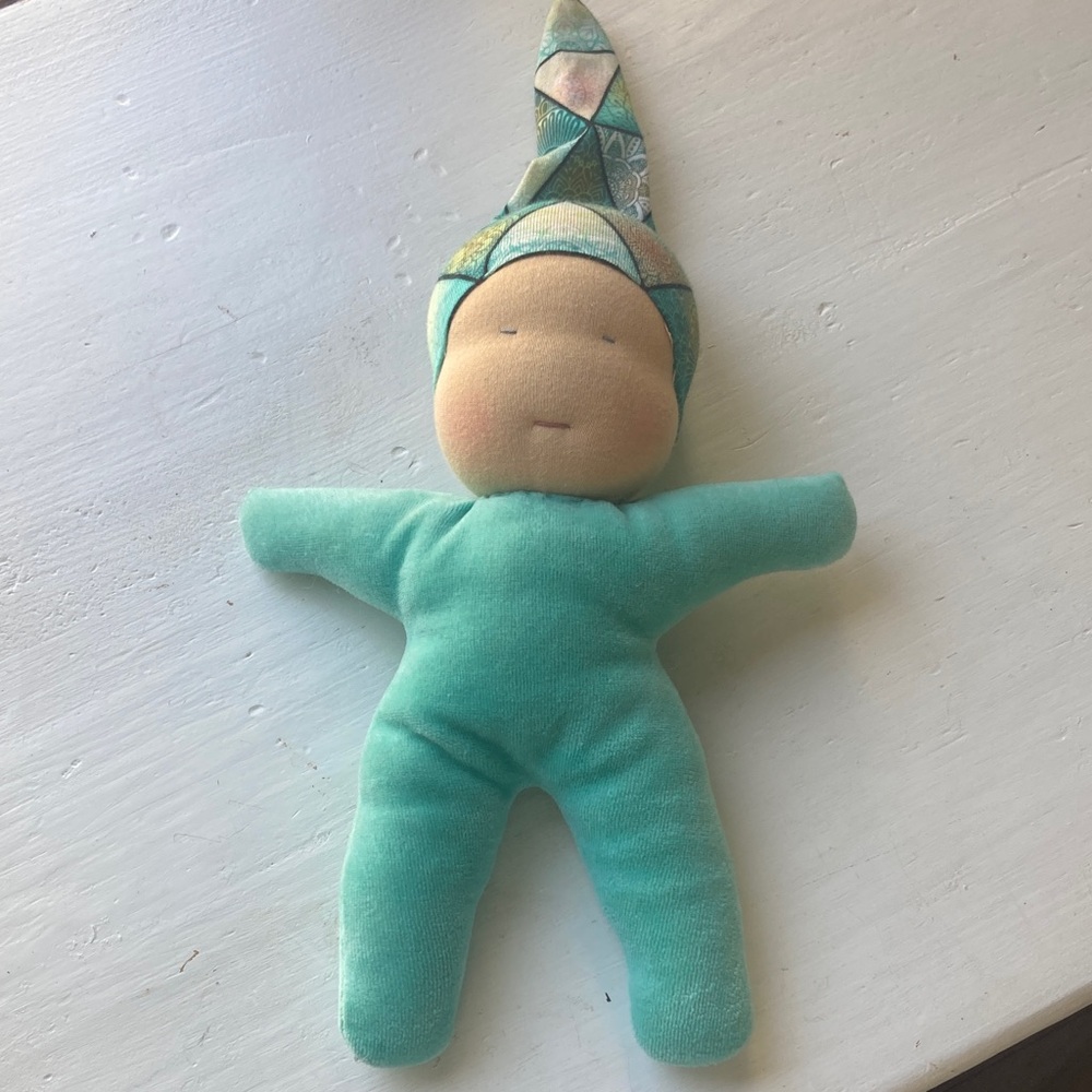 Soft Aqua Waldorf-Style Baby Doll with Patterned Hat